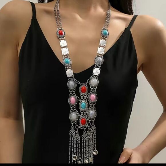 ✨ 🆕 ✨ Extravagant Bold Boho Gemstone Chain Pendant Long Necklace✨ - Picture 1 of 10
